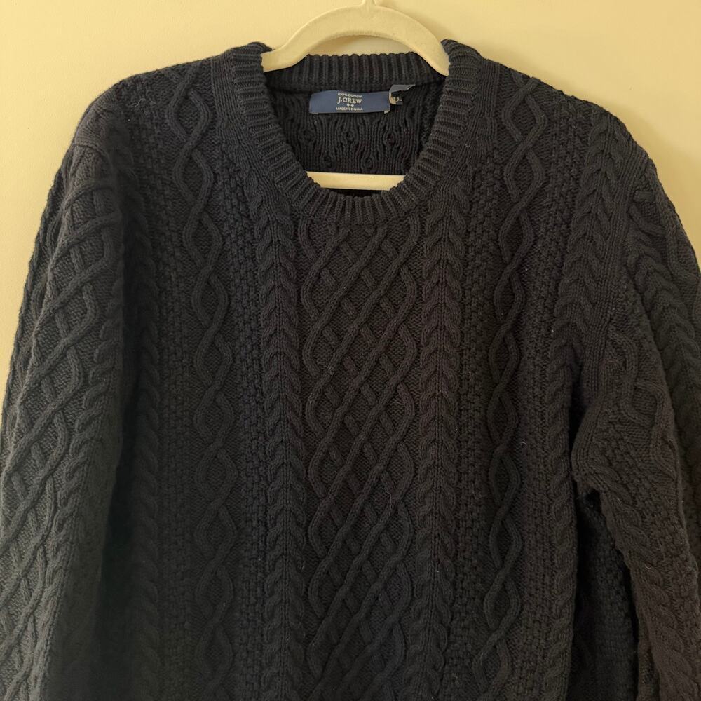 J Crew 100% Cotton Cable Knit Fisherman Style Navy Blue Crewneck Sweater Sz Lg - Picture 5 of 9